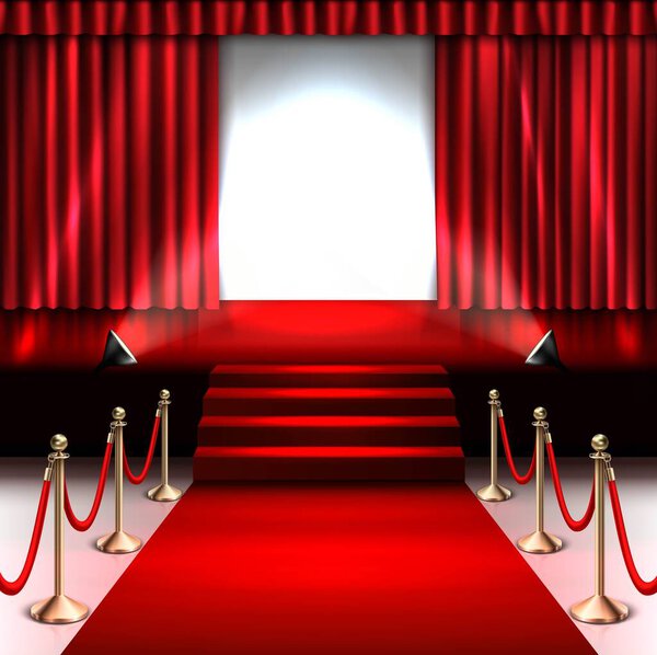 Векторная 3D реалистичная сцена с красной ковровой дорожкой, прожектором и золотым барьером.