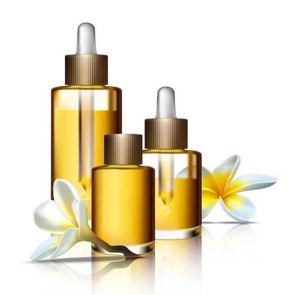 Reális Vektor Spa Gyűjtemény Kozmetikai Palackok Aromaterápiás Olajok Egzotikus Virágok — Stock Vector
