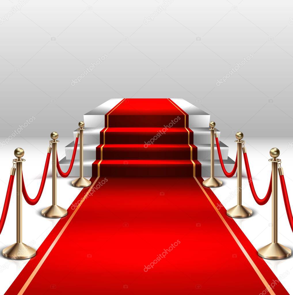 3d realistic vector stage with red carpet and gold barrier.