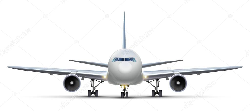 3d realistic vector airplane. Isolated on white background aircraft, front view.
