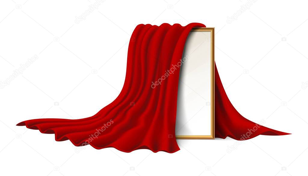 Isolated on white background. 3d realistic vector wooden picture frame covered with red velvet cloth.