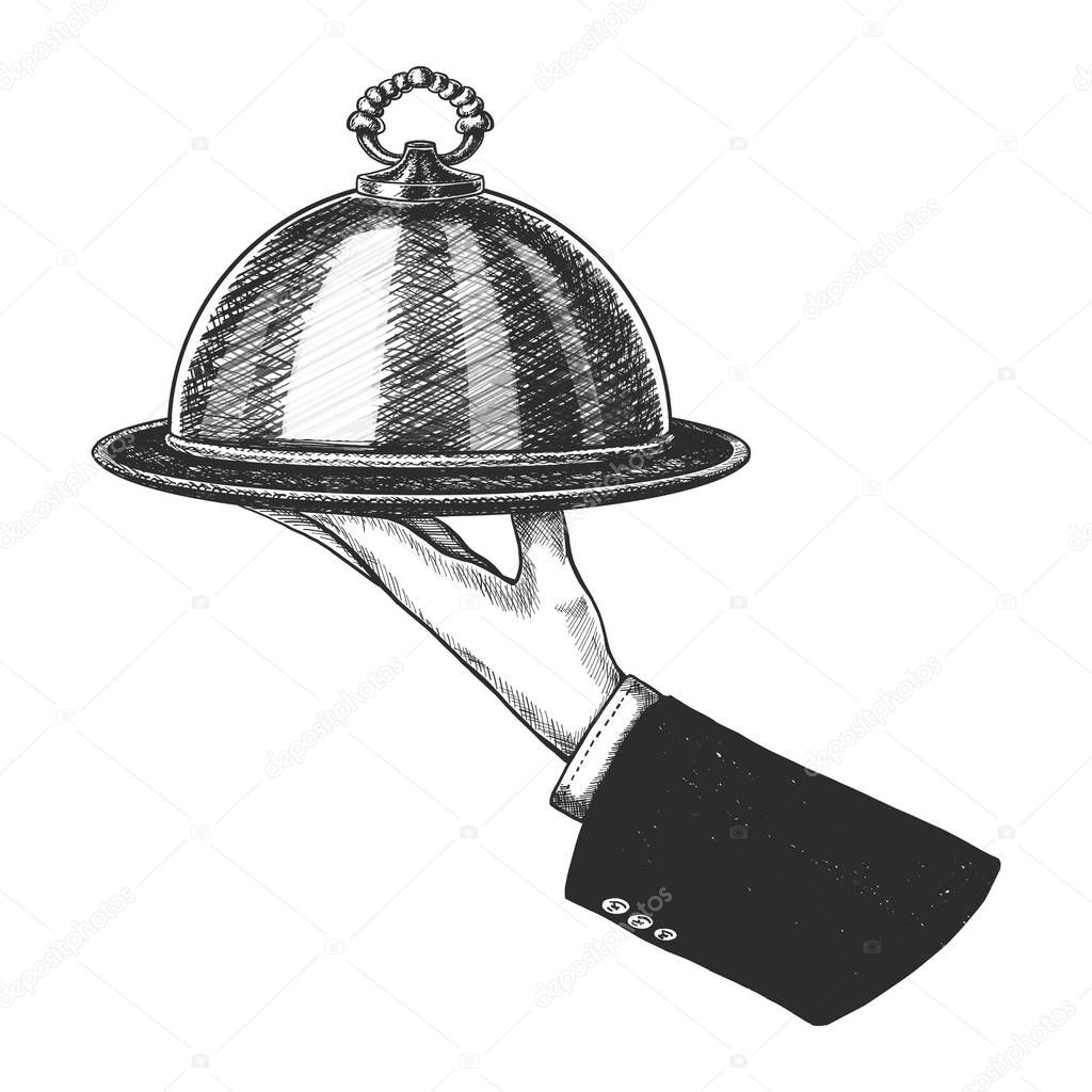 Vector hand drawn hand holding silver cloche. Isolated on white background.