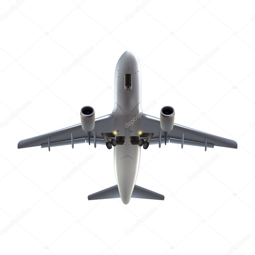 3d realistic vector airplane. Isolated on white background aircraft, down view.
