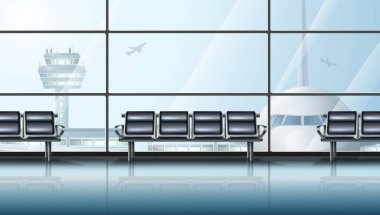 gerçekçi vektör havaalanı bekleme alanı iç, büyük pencereler, uçak ve sandalyeler bekliyor.