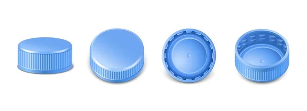 Realistic Collection Blue Plastic Bottle Caps Side Top Bottom View — Stock Vector