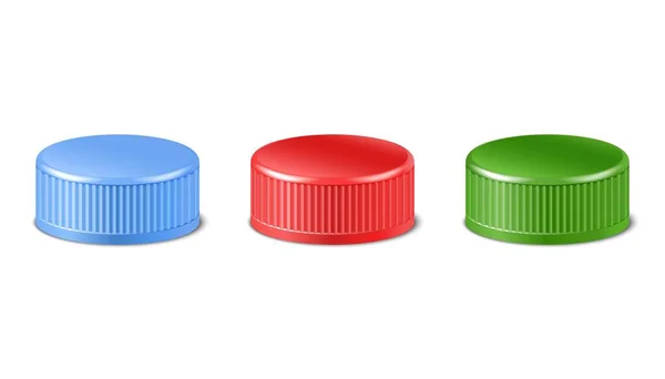Realistische Collectie Van Rode Groene Blauwe Plastic Dop Zijaanzicht Mockup — Stockvector