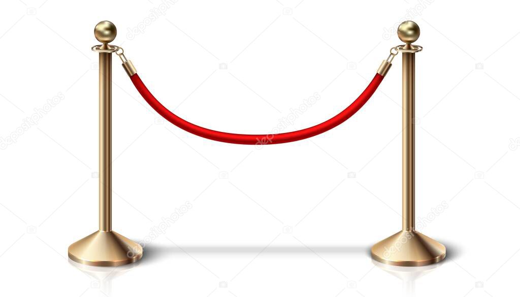 3d realistic vector red velvet barrier rope with golden details. Isolated on white background.