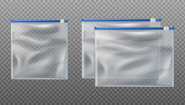 Трехмерные векторные прозрачные сумки синего цвета. Пустые пакеты-макеты различных размеров на прозрачном фоне.