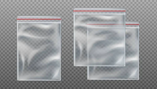 3D現実的なベクトルジップ透明バッグ 空のモックアップポーチで異なるサイズ上の透明背景 — ストックベクタ