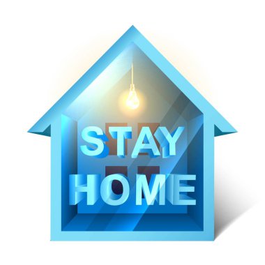 Vektör simgesi Covid-19, koronavirüs salgını tasarım şablonu yumuşak ışıklı küçük bir ev ve ev tabelasında kalın. Beyaz arka planda izole edilmiş. Evde kal, ev etiketi sembolü..