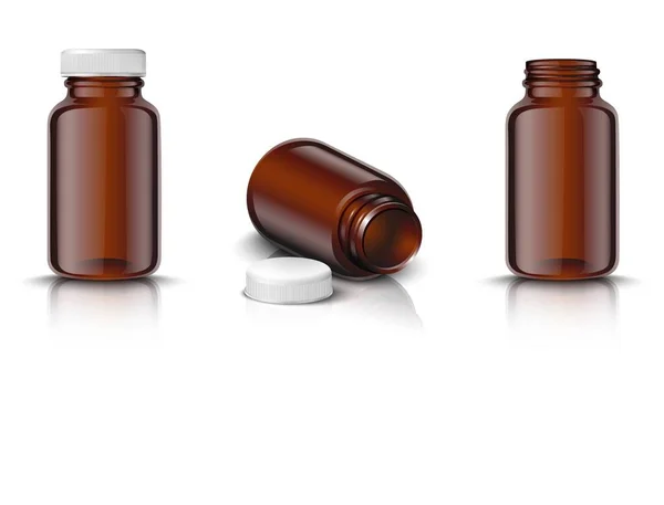 Realistic Vector Mock Set Medicine Bottles Brown Glass White Cap — Stock Vector