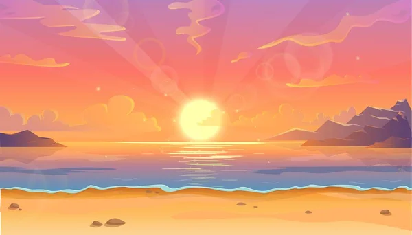 Vector cartoon illustration of ocean landscape in sunset or sunrise with beautiful pink sky and sun reflection over the water. Beautiful nature with beach.