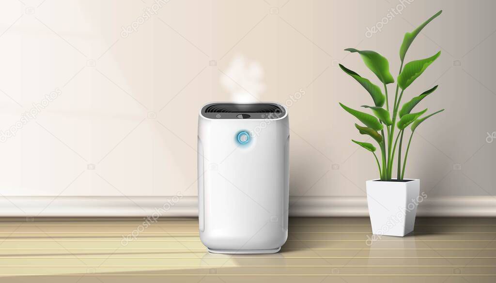 3d realistic vector air purifier in the interior on the wooden floor background illustration with house plant on the floor. Air cleaning and humidifying devise for the house.