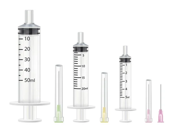 Vektör Şırınga Iğnelerden Oluşan Boyutlu Gerçekçi Bir Koleksiyon Beyaz Arkaplanda — Stok Vektör
