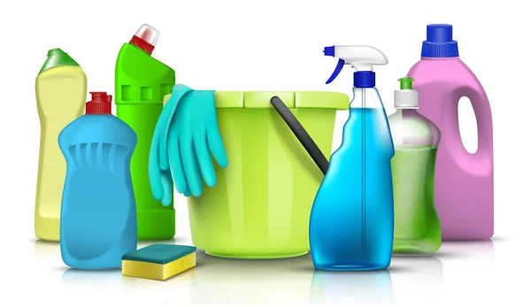 3D实用病媒家用清洁用品及配件收集厨房及家居清洁用品及塑料桶及手套瓶子 孤立的例证 — 图库矢量图片