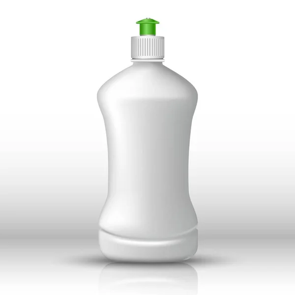 Realista Vector Botella Blanca Lavavajillas Líquido Con Tapa Verde Icono — Vector de stock