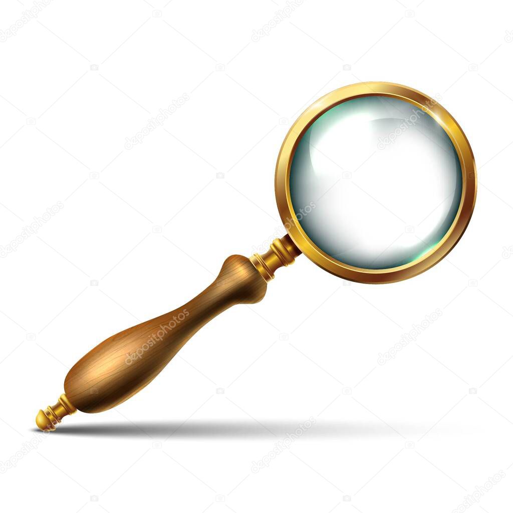 3d realistic vector vintage magnifying glass with golden details and wooden handle. Isolated icon illustration on white background.