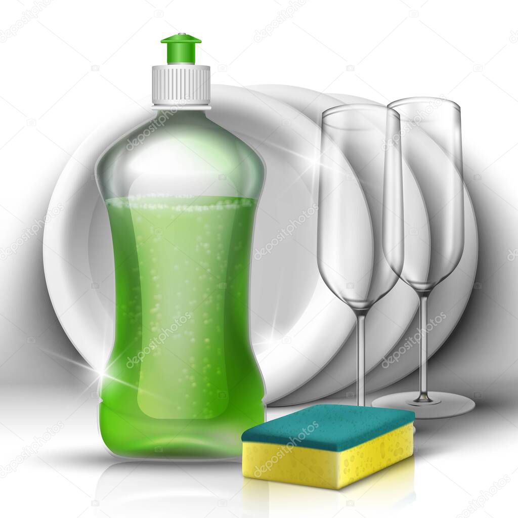 3d realistic vector cleaning dishes liquid with set of dishes and glasses. Household and kitchen cleaning concept.
