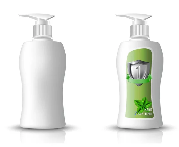 Realistico Vettore Bianco Bottiglia Imballaggio Mano Igienizzante Bottiglia Gel Isolato — Vettoriale Stock