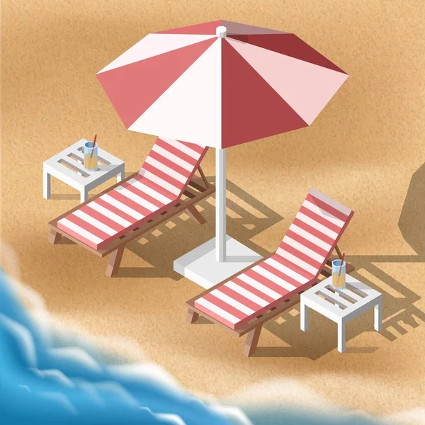 矢量等距夏季插图 两个有伞的日光浴床 沙滩上有大海 — 图库矢量图片