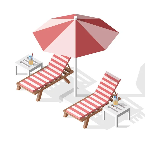 Vector Isolated Isometric Summer Illustration Two Sunbeds Umbrella Tables Cocktails — Stock Vector