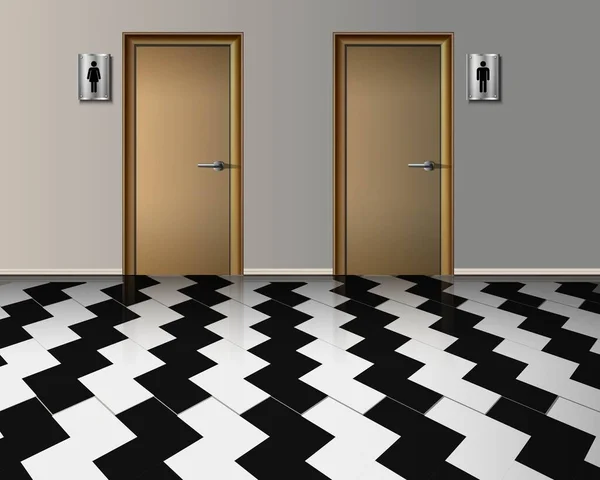 Vektorový Realistický Interiér Veřejné Toalety Ženského Mužského Vchodu Dřevěnými Dveřmi — Stockový vektor