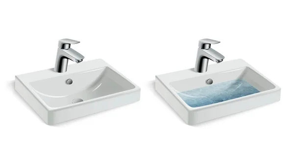 Su olsun ya da olmasın, porselen beyaz lavabo ve musluğun 3D gerçekçi çizimi.