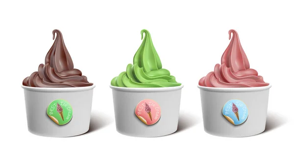 Vector Realistische Soft Serve Frozen Joghurt Oder Eis Einer Papierschüssel — Stockvektor