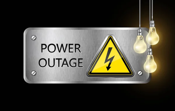 Siyah zemin üzerinde uyarı levhası ve elektrik ampulleri olan vektör güç kesintisi metal levhası..