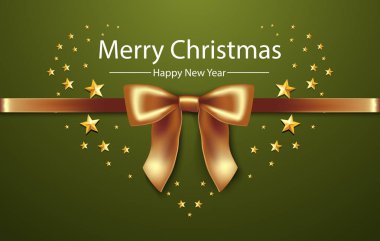 Altın kurdeleli ve yıldızlı bir Noel afişi. Kolay tasarım elemanı. Metnin için boşluk ile.