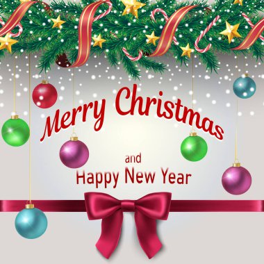 Süslemeleri, köknar dalları, parlak topları ve kurdeleli kurdelesi olan vektör Noel ağacı sınırı.