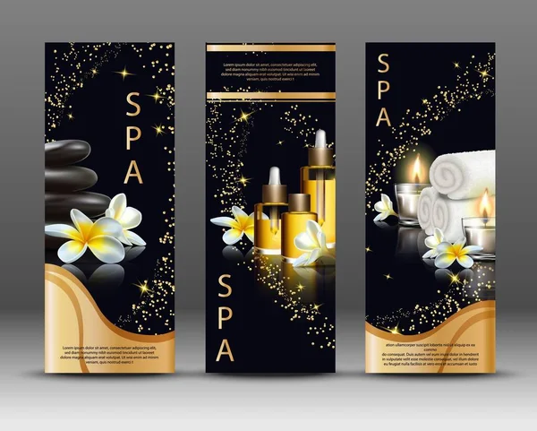 Gerçekçi elementler içeren spa kompozisyonu beyaz havlu, masaj ve esaslı yağlar, mumlar ve siyah arka planda egzotik çiçekler ile spa tedavileri. Spa salonunuzun dikey broşürü.