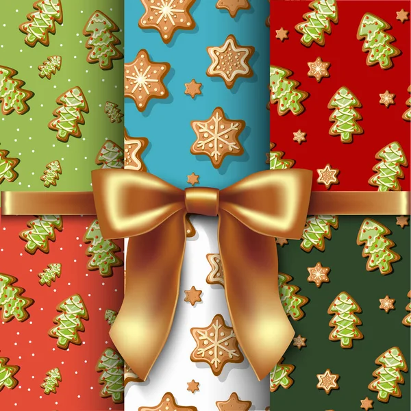 Große Vektorsammlung Nahtloser Weihnachtsmuster Mit Lebkuchen Bäumen Und Schneeflocken — Stockvektor