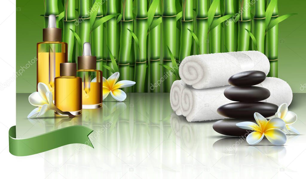 Vector realistic spa wellness background with oils and essentials, massage stones and wild flowers, towels and bamboo plants.