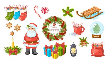Vektör Noel ve yeni yıl ayarlandı. Tebrik kartları, davetiyeler, afişler ve el ilanları için öğeler.