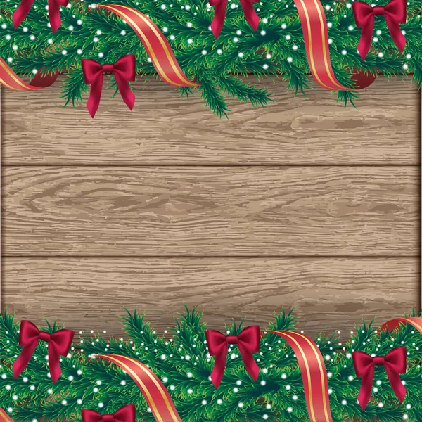 圣诞边境有冷杉树枝 不同的饰物 缎带和星星 现实木制背景的矢量图解 — 图库矢量图片