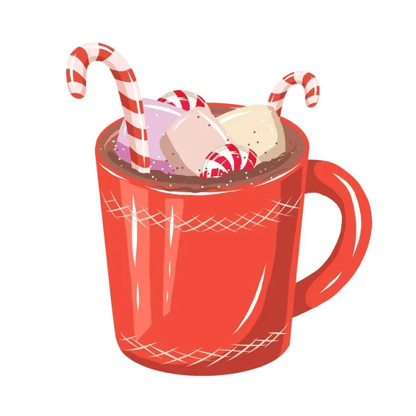 あなたのクリスマスの休日のポストカードや広告のためのデザイン要素 キャンディーやマシュマロとカカオのベクトルかわいい手描きの赤いカップ — ストックベクタ