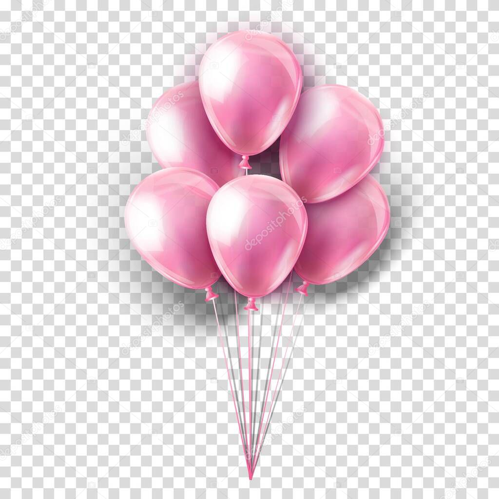 Vector pink realistic collection of balloons on transparent background. Party decoration for festival, birthday, anniversary, baby girl shower or celebration.