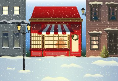 Karda yumuşak sokak lambaları olan illüstrasyon kış şehri sokağı kırmızı Noel mağazasıyla doluyor..