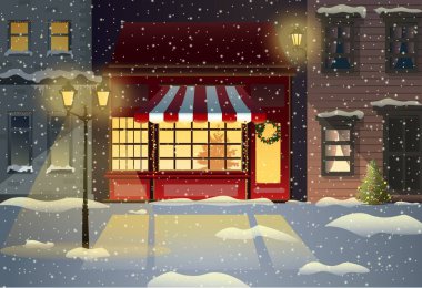 Karda yumuşak sokak lambaları olan illüstrasyon kış şehri sokağı kırmızı Noel mağazasıyla doluyor..