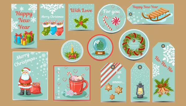 Kerst illustratie, groet papieren kaarten en cadeau tags collectie in de hand getrokken stijl. — Stockvector