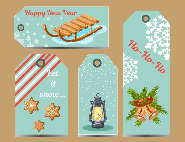 Ilustración de Navidad vectorial, tarjetas de felicitación y colección de etiquetas de regalo en estilo dibujado a mano. — Archivo Imágenes Vectoriales