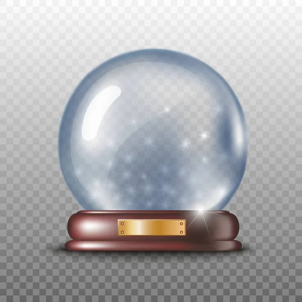 Vector realista bola de cristal de nieve de Navidad sobre una base de madera con placa de oro sobre fondo transparente. — Vector de stock