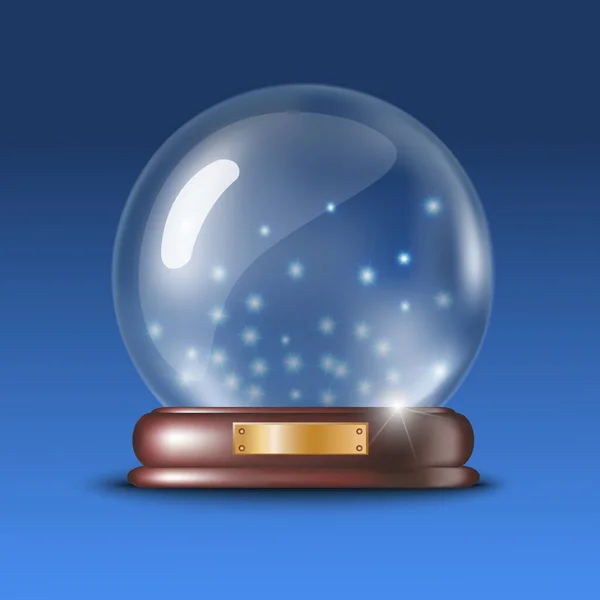 Réaliste maquette globe en verre magique neige debout sur fond bleu. — Image vectorielle