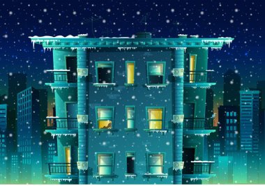 Çizgi film stili, kar taneleri arka planlı kış şehri. Birçok katlı bina ve balkonlu pencereler..