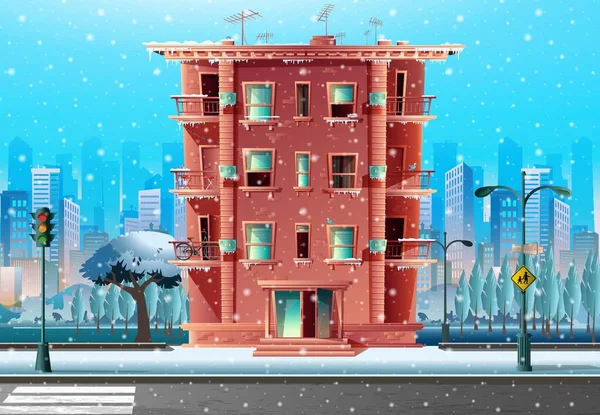 Зимовий сніговий мультиплікаційний стиль сучасна багатоповерхова будівля, архітектура в мультяшному стилі вся дорога вкрита снігом. Дорожній перехід та шкільний знак . — стоковий вектор