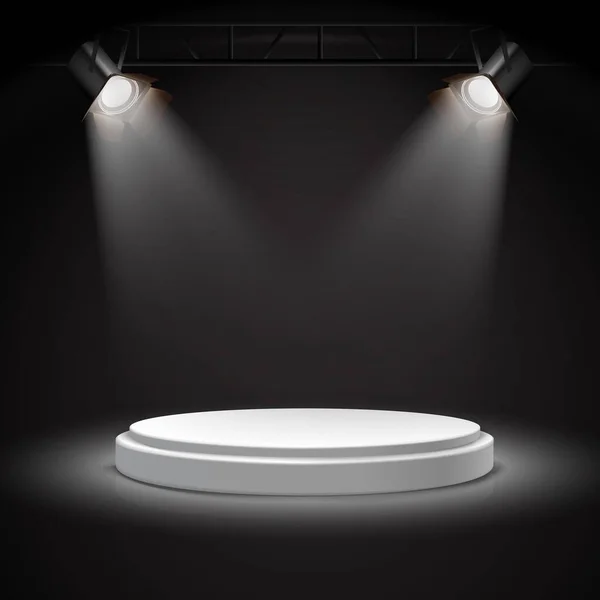 Realistische Vektor-Scheinwerfer auf rundem weißen Podium in der Dunkelheit. — Stockvektor