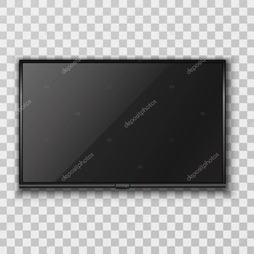realistic vector black screen TV hanging on the wall, transparent background.