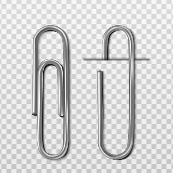 Twee Realistische Vector Metalen Paperclips Met Zonder Papier Geïsoleerd Transparante — Stockvector