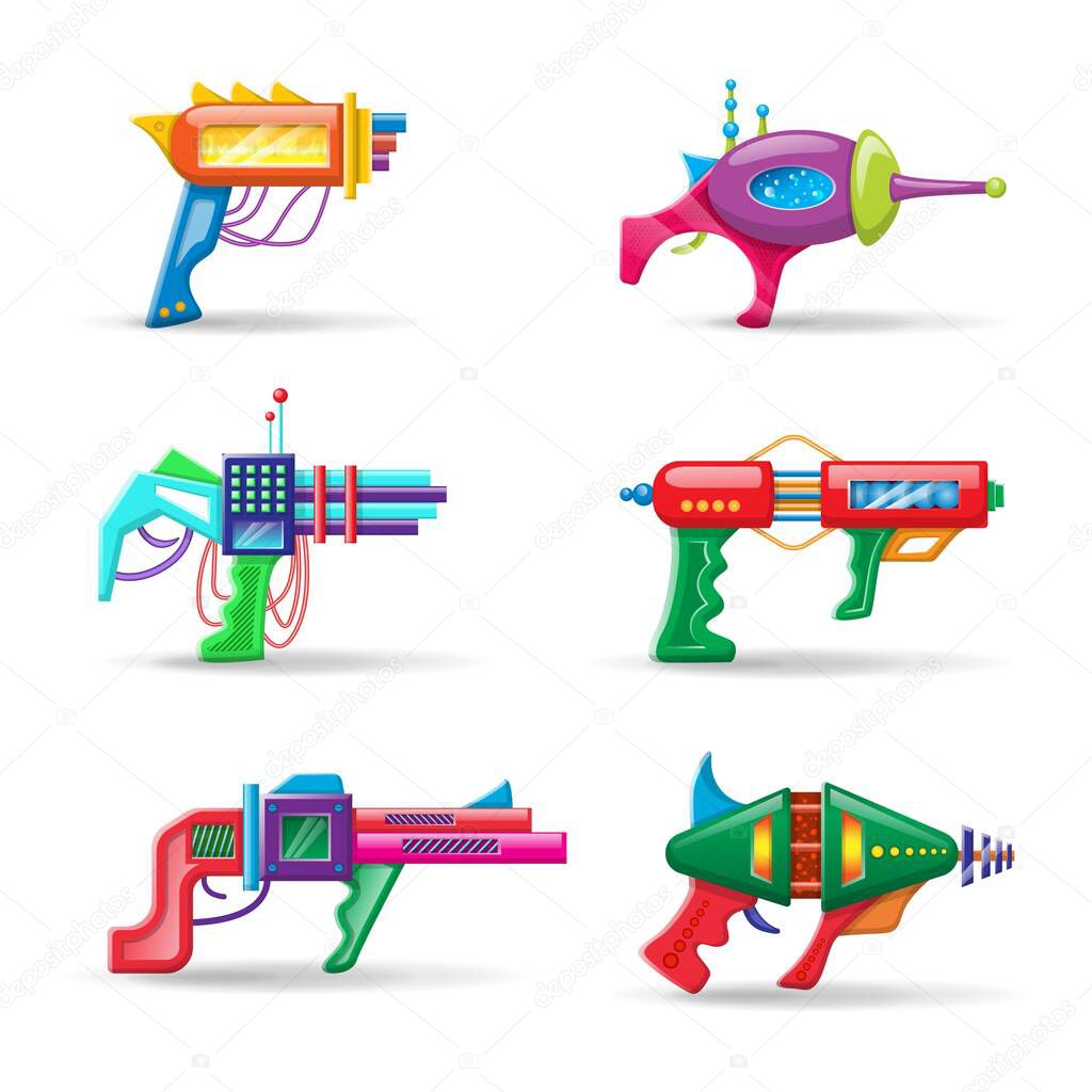 Vector cartoon style illustration of futuristic colorful blasters isolated on white background.